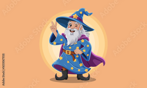 A vibrant wizard joyfully gestures a peace sign while holding his magical staff, exuding positivity and charm in a cartoon-like design filled with warm colors.