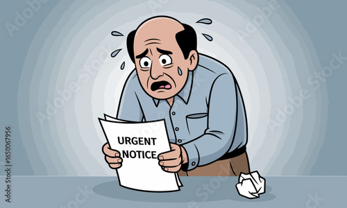 A worried man stands at a desk, holding an urgent notice with a distressed expression, reflecting anxiety and concern over a critical situation he is facing.