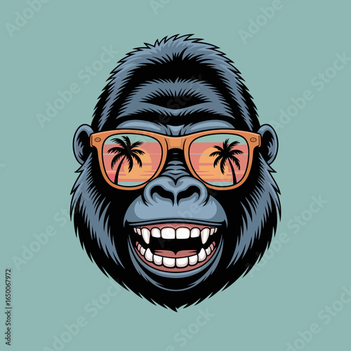 This image showcases a joyful gorilla smiling wide, wearing sunglasses that reflect a serene tropical landscape, conveying a sense of fun, relaxation, and coolness.