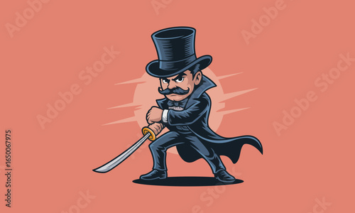 This character illustration depicts a fierce fighter poised with a sword, wearing a top hat and conveying a dramatic presence that emphasizes bravery and adventure.