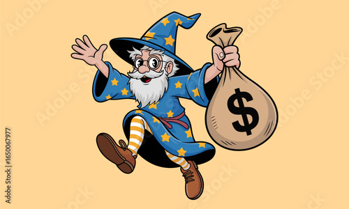 This vibrant illustration displays a joyful wizard in a dynamic pose, swinging a money bag while showcasing a colorful magic hat with stars, perfect for fantasy themes.