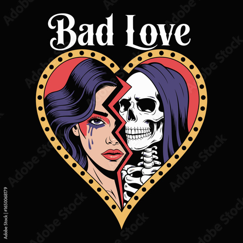 This impactful artwork illustrates the juxtaposition of love and death, featuring a sorrowful woman and a skull, capturing the allure and pain of romantic relationships.