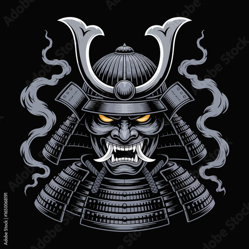 This compelling artwork showcases a fearsome samurai with traditional battle armor, illuminated by a dramatic light, capturing the essence of honor and ferocity of the warrior class.