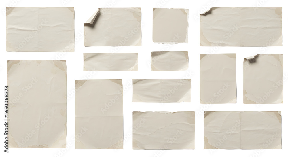 Fototapeta premium Collection of aged paper sheets with torn edges and curled corners.