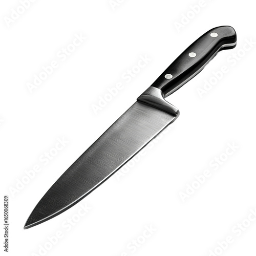 Culinary Craft: A close-up shot of a professional chef's knife, sharp and gleaming, poised with the precision of culinary mastery.