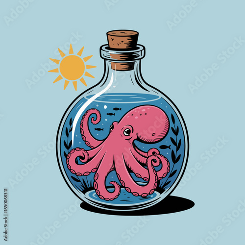 This artistic image features a delightful octopus within a striking glass vessel, captured under sunlight, creating a whimsical atmosphere of underwater allure.