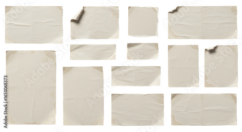 Collection of aged paper sheets with torn edges and curled corners.