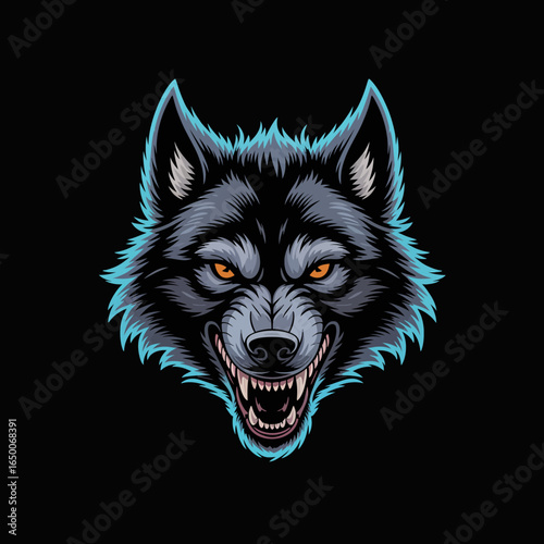 A captivating stylized illustration of a wolf's head, radiating intensity and strength, emphasizing its fierce gaze and wild spirit with vibrant colors and bold lines.
