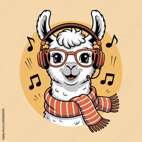 A stylish llama with a scarf and headphones captures a joyful moment, representing the vibrant blend of music and fashion in an engaging animated style for stock use.
