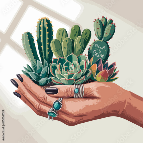 A visually stunning illustration of a hand exhibiting a charming array of succulents, complemented by elegant jewelry rings, symbolizing growth and aesthetic beauty.