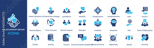 Relationship repair icon set. Containing  Compromise strategy, confidence, equality, Collaboration, comprehension, calm