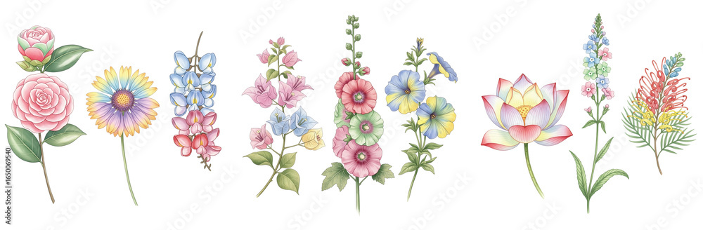 Obraz premium A whimsical watercolor illustration collection of blooming garden flowers, featuring a variety of colorful botanical floral elements.