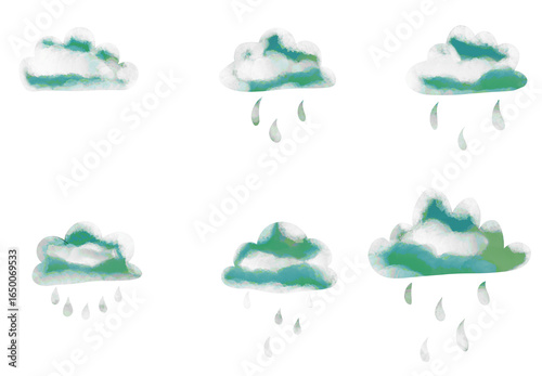 Hand-drawn Watercolor Rain Clouds: Charming Illustrations with Droplets, Weather Icons, and Simple Sky Elements for Kids' Designs and Seasonal Graphics