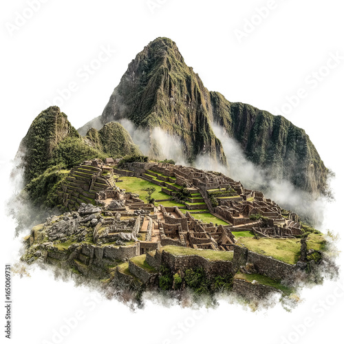 Machu Picchu: A captivating image of the iconic Machu Picchu, the ancient Inca citadel nestled high in the Peruvian Andes, shrouded in mist.