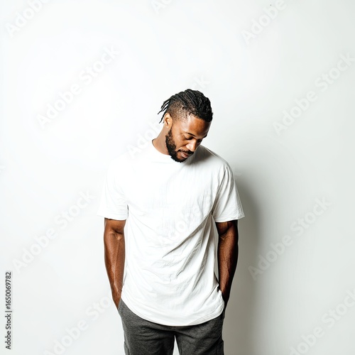 Man in white tee, hands in pockets, looking down