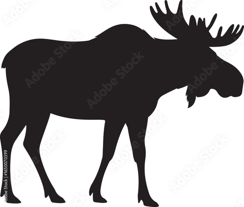 Black silhouette of a standing moose with large antlers on a white background animal wildlife