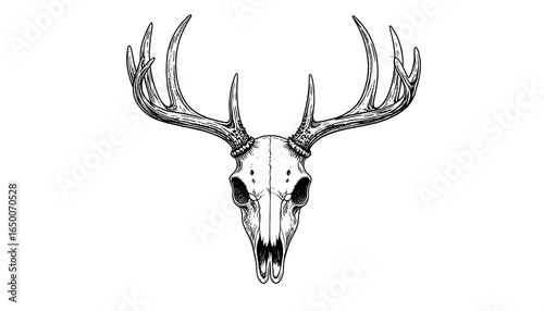 Deer Skull Antlers with Monochrome Drawing.