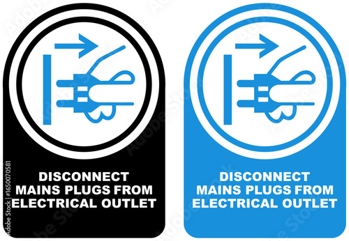 Set vector disconnect mains plugs from electrical outlet sign symbol labels sticker design illustration