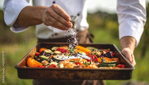 Chef Seasoning Roasted Vegetables Outdoors Delicious Summer Recipe