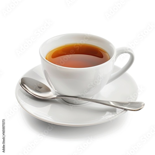 Wallpaper Mural White teacup, filled with amber-brown liquid, beside a spoon on a saucer, isolated on white Torontodigital.ca