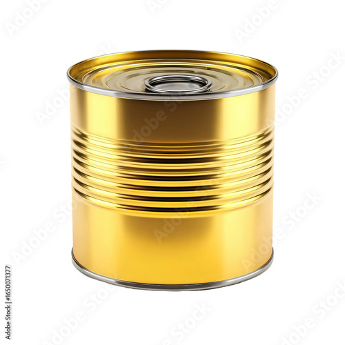 Gold Food Can: A photorealistic close-up of a glistening gold food can, isolated against an immaculate, inviting a sense of premium quality.