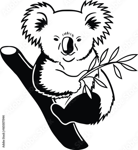 Koala on Branch: A charming Koala, captured in a clean black and white silhouette, perched gracefully on a branch, nibbling on eucalyptus leaves. This graphic, simple and playful.