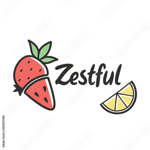 Zestful Freshness: A visually enticing illustration showcases a juicy strawberry and a vibrant lemon slice, embodying freshness and vitality, alongside the word Zestful.