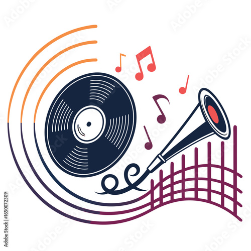 Vinyl Serenade: An elegant illustration of a classic vinyl record emitting musical waves and harmonious notes from a traditional horn, evoking a nostalgic soundscape of melodic history.