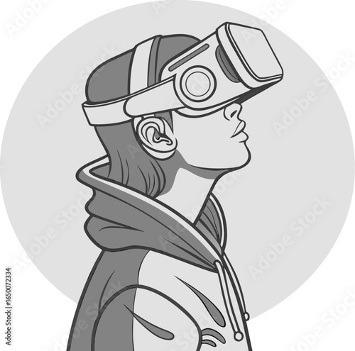 Virtual Reality Immersion: A person immersed in the virtual world, wearing VR goggles, looking up in a stylish illustration.