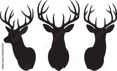 Three Black Silhouette Deer Heads With Antlers On White Background animal