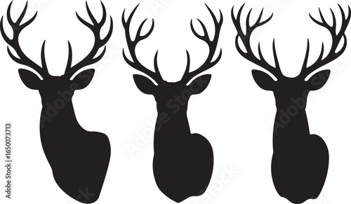 Three black silhouettes of deer heads with large antlers facing left and center stag buck