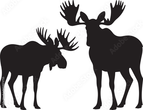 Two black silhouettes of moose with large antlers standing on a white background animals wildlife