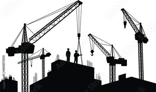 Construction site with cranes, workers, high rise building under construction, heavy machinery, industrial skyline, development, city growth, urban infrastructure