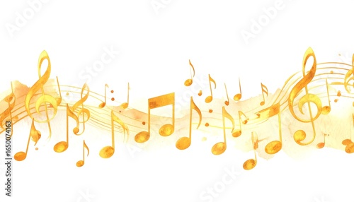 Golden musical notes and staves on a watercolor background.