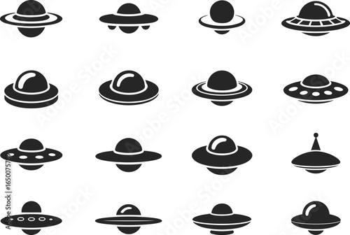 UFO icons set, flying saucer silhouettes, alien spaceship, extraterrestrial object, futuristic design, sci fi symbol, space vehicle, cosmic illustration