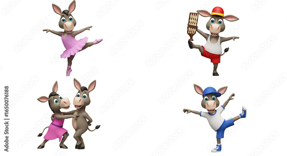 Fototapeta premium Cartoon donkeys performing different actions
