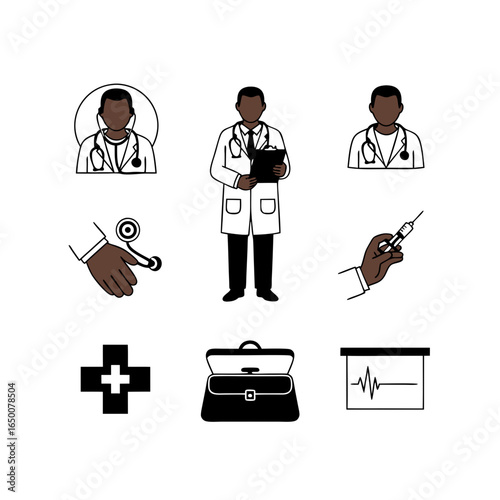 Icon set of a Black male doctor and medical equipment. Features an African American physician, hands with a stethoscope and syringe, and healthcare symbols. Vector illustration for inclusive medical