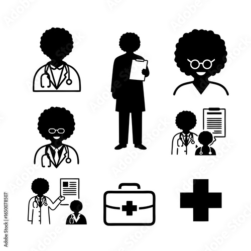 A set of medical icons featuring Black doctors and healthcare professionals. Includes diverse avatars, patient consultation, and symbols like a medical bag. Vector silhouettes for inclusive design.