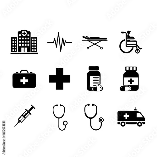A comprehensive set of medical and hospital service vector icons. Includes ambulance, first aid, diagnostics, and pharmacy symbols. Black pictograms isolated on white background for healthcare design