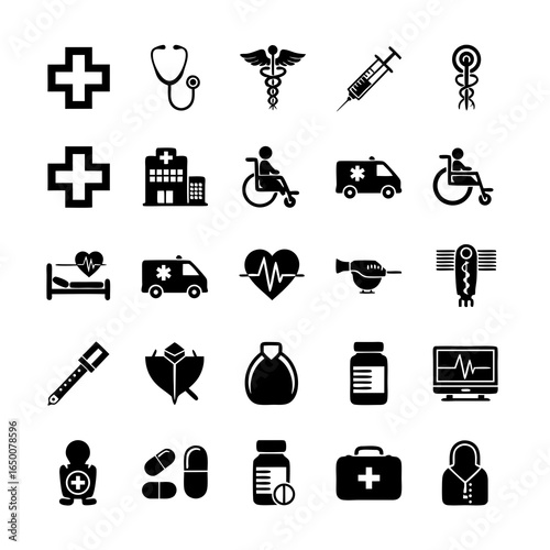 A set of 30 black and white medical icons including stethoscope, syringe, cross, ambulance, wheelchair, heart monitor, hospital bed, and other healthcare-related symbols.