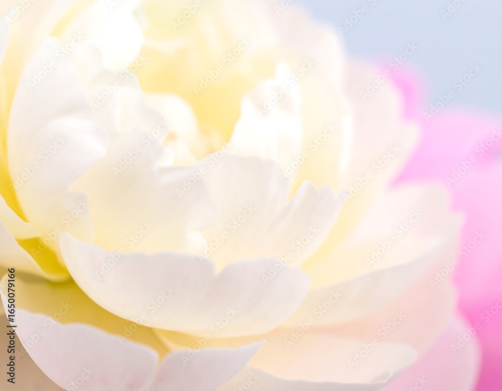 Fototapeta premium Delicate Beauty: Close-Up of a Soft Yellow and Pink Peony Bloom with Gentle Light