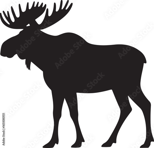 Black silhouette of a large moose with wide antlers on white background animal wildlife