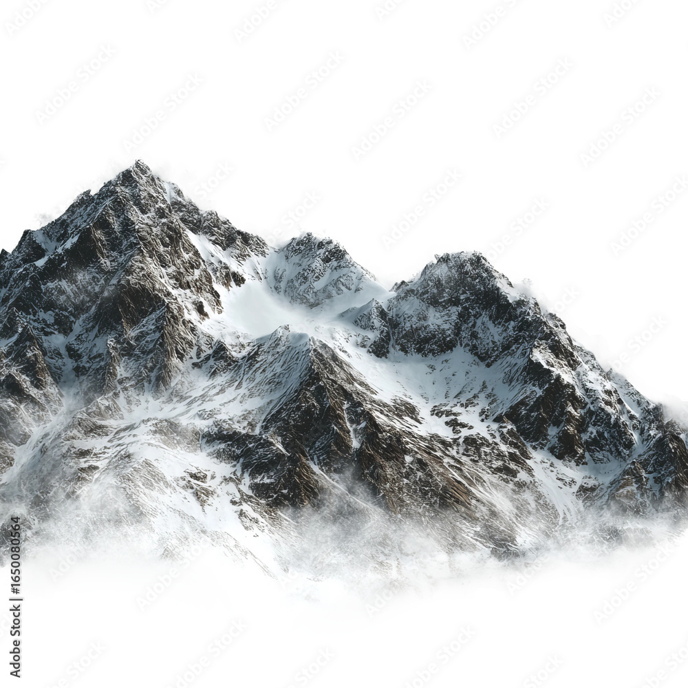 Obraz premium Majestic Mountain Peak: A rugged, snow-capped mountain, its peaks piercing the sky, stands as a testament to nature's grandeur. The scene evokes a sense of awe and the raw power of the elements.