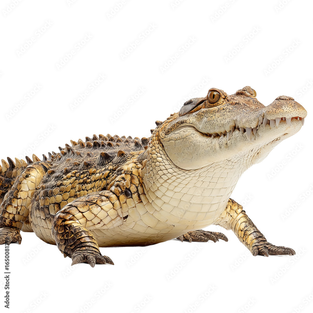 Obraz premium A Vigilant Crocodile: A solitary crocodile, captured in striking detail, stands as a symbol of primal power and prehistoric grace. Witness the intricate textures of its ancient hide.