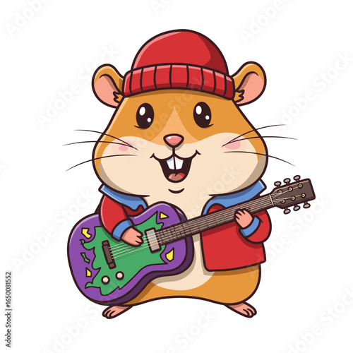 Cartoon hamster in a red beanie and jacket playing a colorful guitar, smiling with big eyes and front teeth, set against a white background.