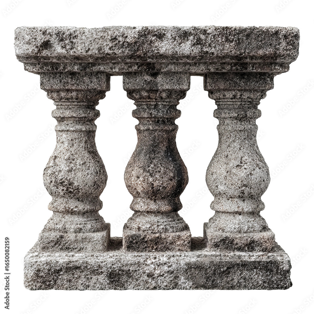 Fototapeta premium Architectural Stone Balustrade: A weathered stone balustrade exhibits a classic architectural design, featuring three meticulously carved supports, a testament to enduring craftsmanship.