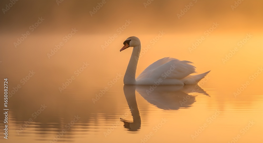 Fototapeta premium Elegant White Swan Swimming at Sunset