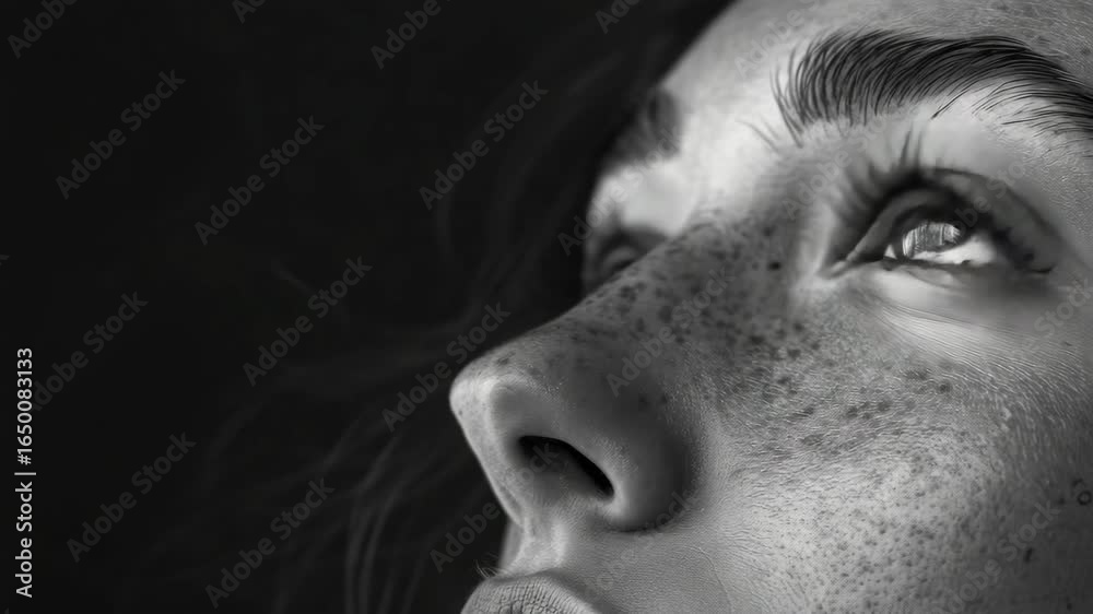 A person looking closely at their skin, highlighting freckles and textures. A person looking closely at their skin, highlighting freckles and textures.