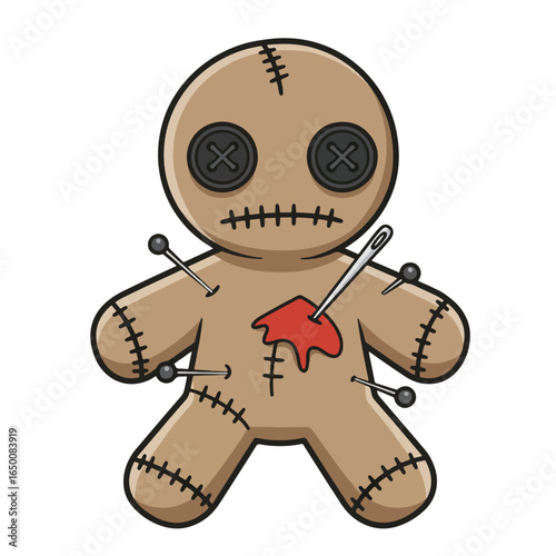 Cartoon voodoo doll with stitches and pins, blood stain on its chest, simple design.
