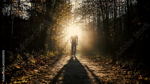 Journey's Embrace: A solitary figure strides down a sun-dappled path, lost in the heart of a woodland scene, bathed in the warm glow of sunlight.